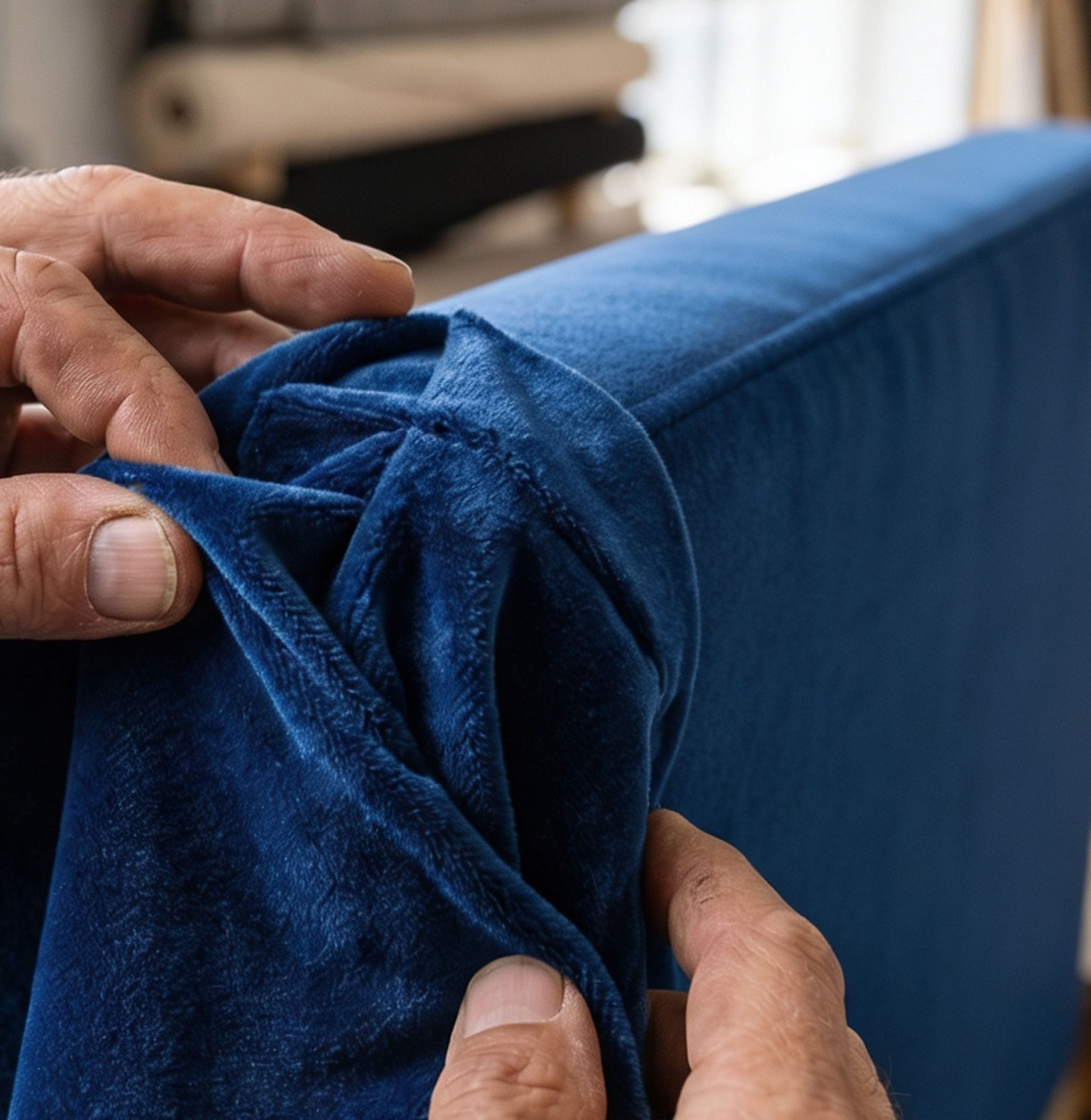 Detail of a blue velvet Bedeur bed