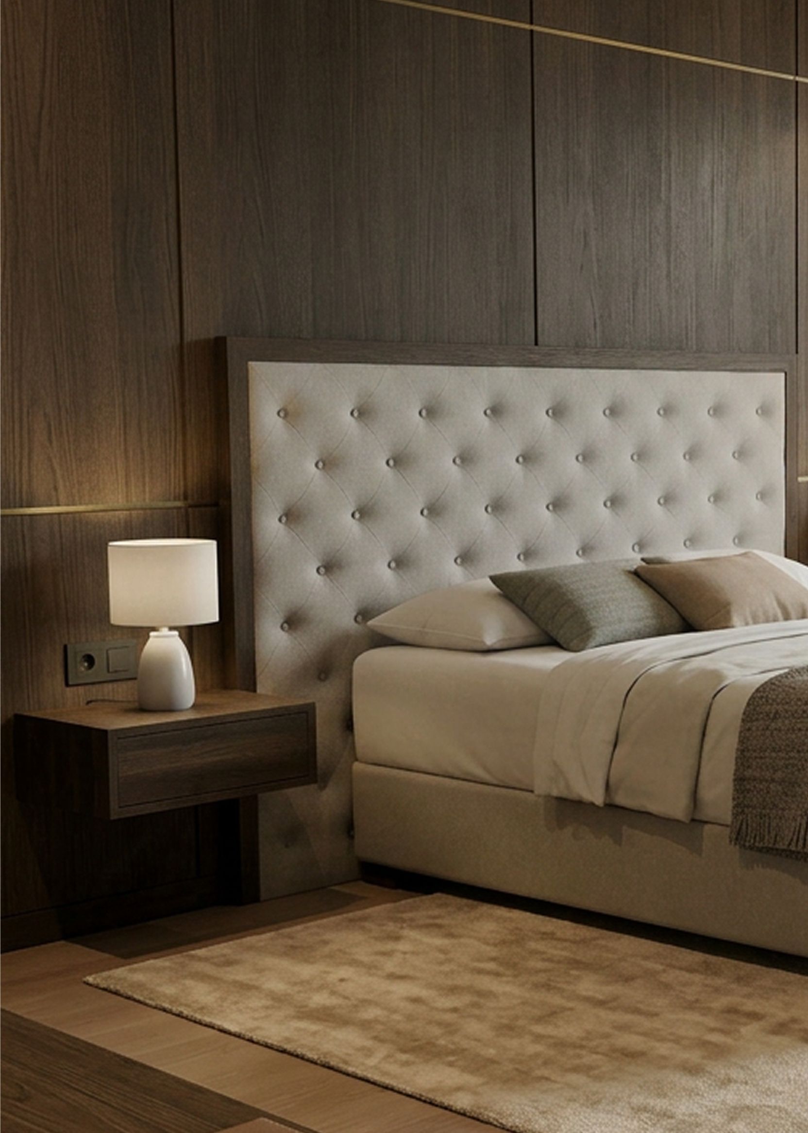 Hotel room with a bespoke upholstered BEDEUR headboard
